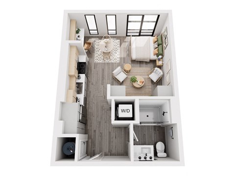 a stylized floor plan with a bedroom and a living room
